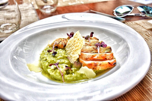 My main course - Risotto al Pesto with cream pesto sauce, parmesan cheese and charcoal grilled chicken